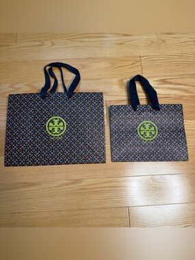 Tory Burch Navy Tote Bags with Lime Green Logo - Pair